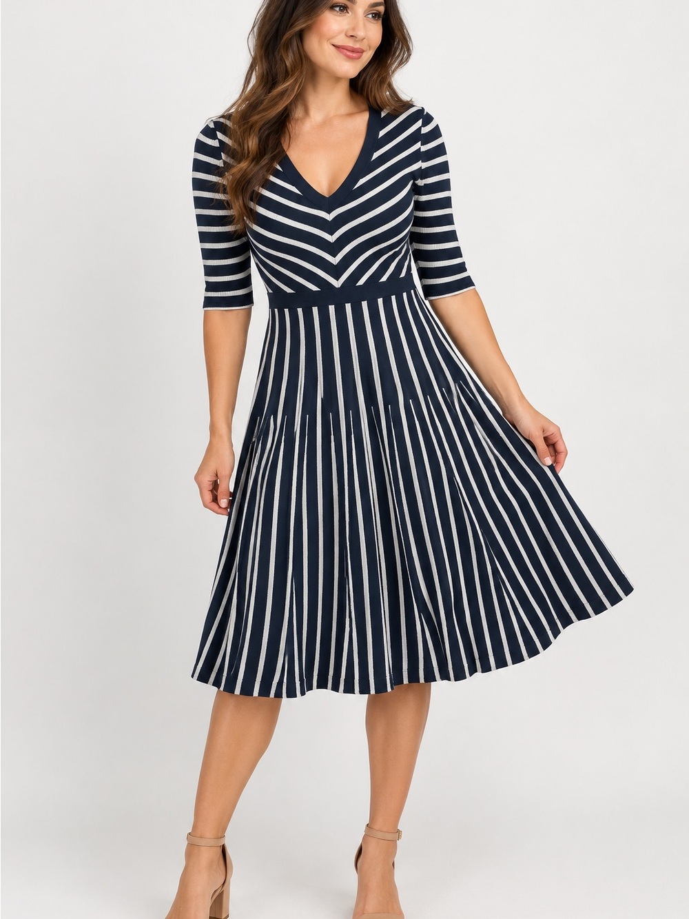 Boden Navy & White Striped V-Neck Midi Dress